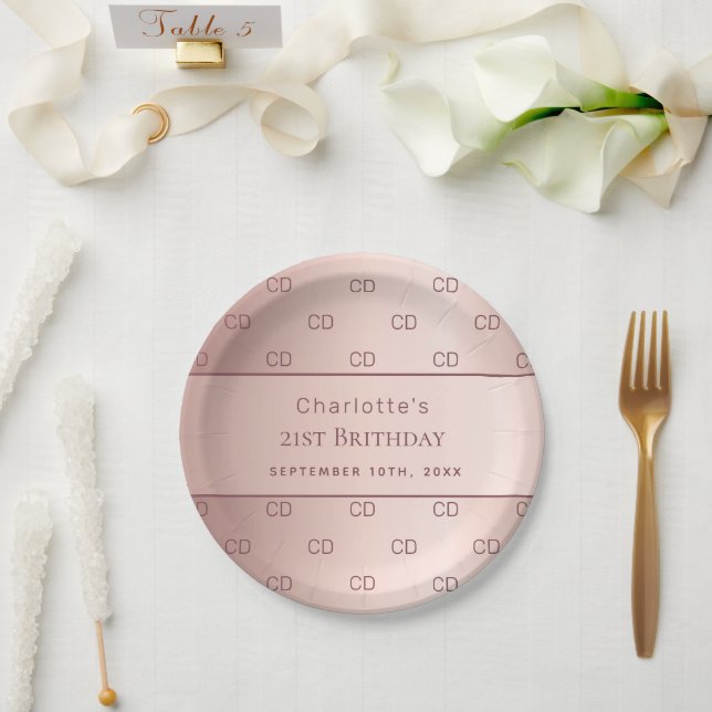 Assiettes En Carton Anniversaire rose or monogramme initiales nom (Mariage)