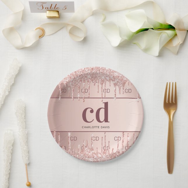 Assiettes En Carton Anniversaire rose or parties scintillant monogramm (Mariage)