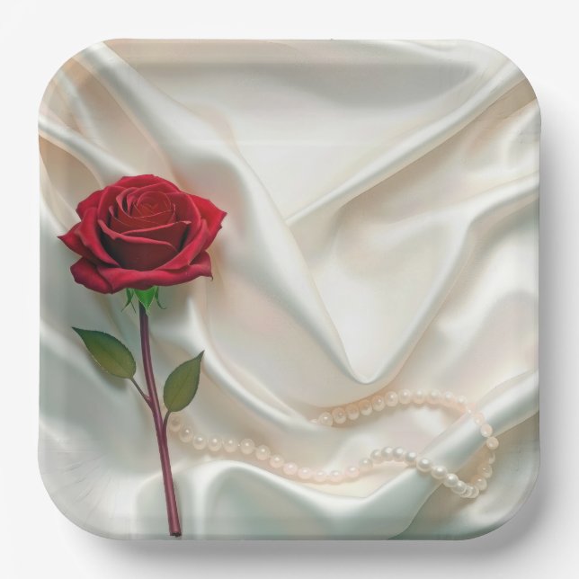 Assiettes En Carton Anniversaire Rose rouge et perles sur satin (Recto)
