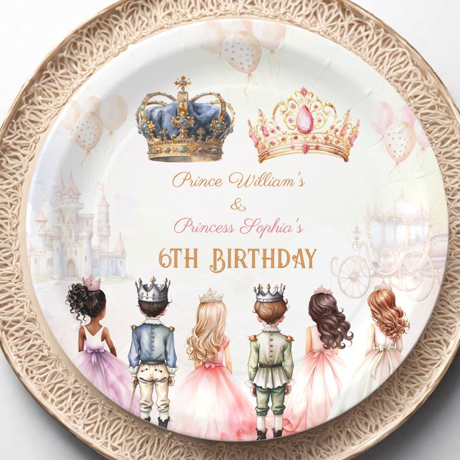 Assiettes En Carton Anniversaire royal de la princesse Prince Twins (Princess Prince Twins Royal Crown Birthday Paper Plates)