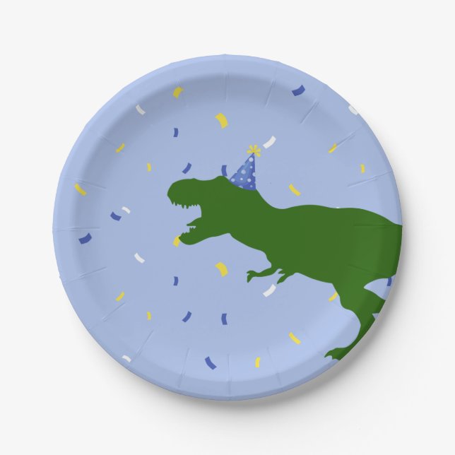 Assiettes En Carton "Anniversaire-Saurus" Dinosaure bleu enfant Annive (Devant)