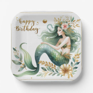 Assiettes En Carton Anniversaire Sirène Élégant Floral Vert Or
