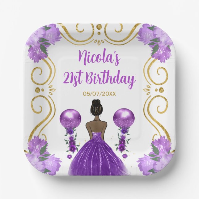 Assiettes En Carton Anniversaire Soeur noire Princesse en pourpre (Recto)