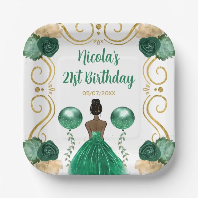 Assiettes En Carton Anniversaire Soeur noire Princesse en vert (Recto)