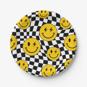 Assiettes En Carton Anniversaire Sourire Prépa Rétro Damier Ondulé Jau