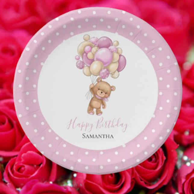 Assiettes En Carton Anniversaire Teddy Bear Girl Balloons Points Rose (Celebrate our little teddy's special day with love and joy! )