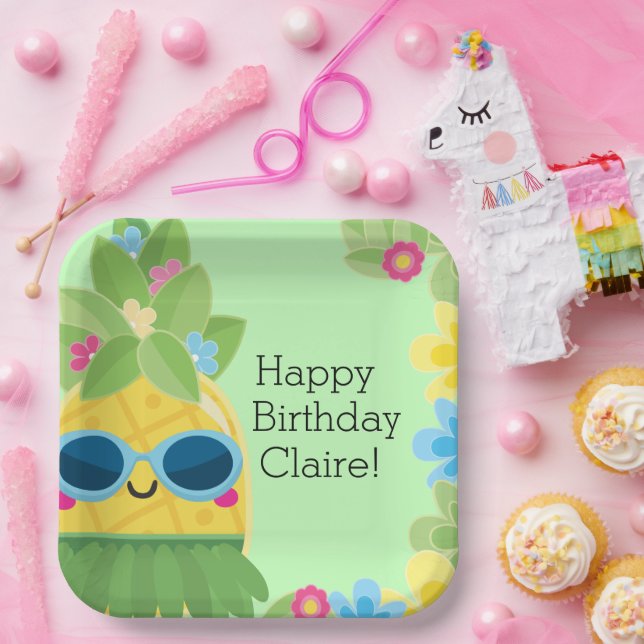 Assiettes En Carton Anniversaire tropical de l'ananas féminin personna (Fête)