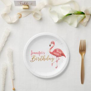 Assiettes En Carton Anniversaire tropical   d'or de Flamant rose