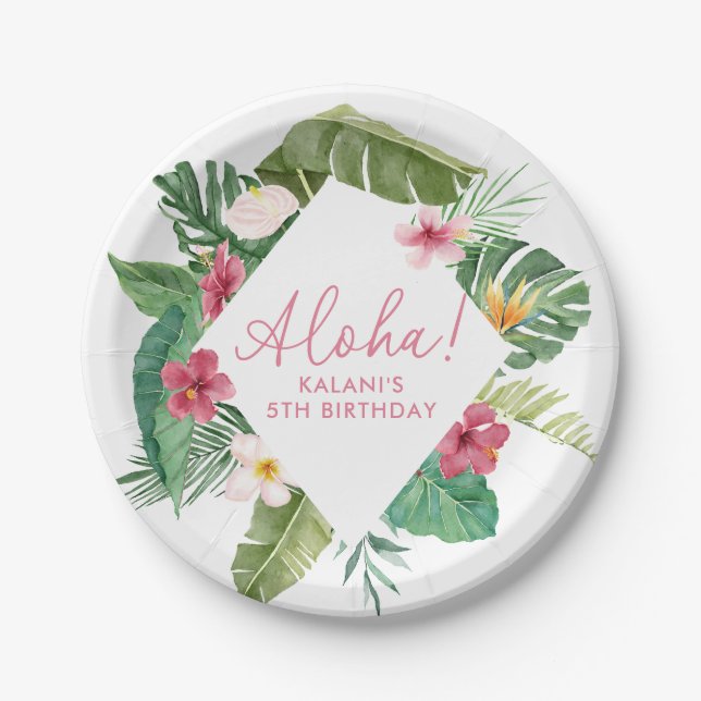 Assiettes En Carton Anniversaire tropical rose Aloha (Devant)