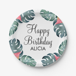 Assiettes En Carton Anthurium rose Flora d'été et Monstera Anniversair