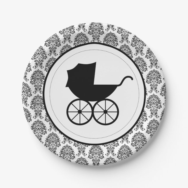 Assiettes En Carton Antique Baby Carriage Élégant Damask | Baby shower (Devant)