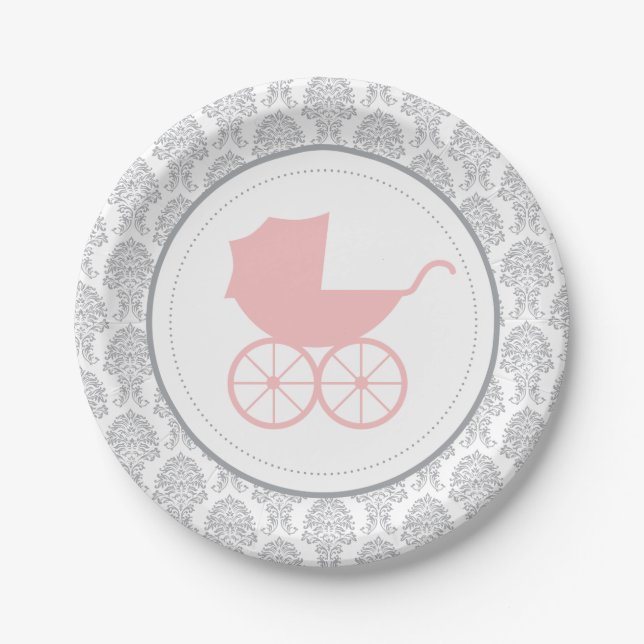 Assiettes En Carton Antique Baby Carriage Élégant Damask | Baby shower (Devant)