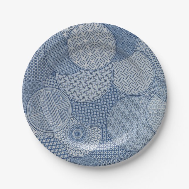 Assiettes En Carton Antique bleu blanc imitation porcelaine Royal 1877 (Devant)