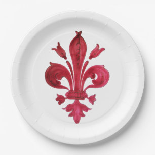 Assiettes En Carton ANTIQUE FLEUR ROUGE DE LIS EN Héraldique BLANC
