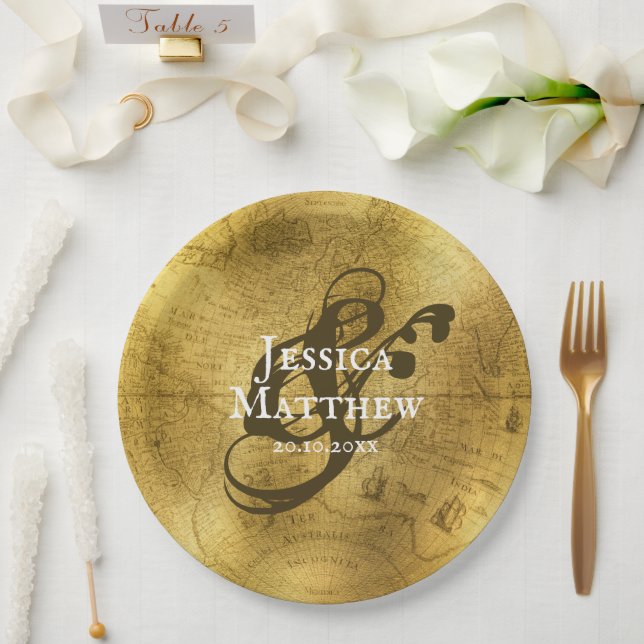 Assiettes En Carton Antique Gold Metallic Old Map Mariage (Mariage)