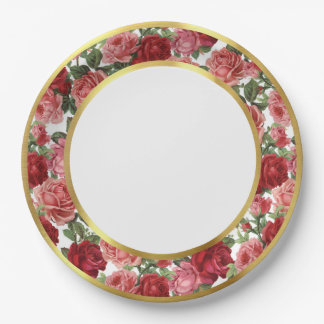 Assiettes En Carton Antique Pink & Red Victorian Garden Roses Gold Rim