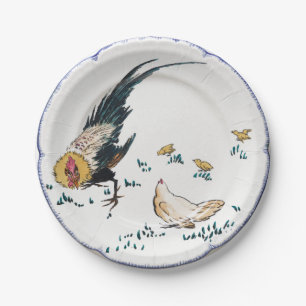 Assiettes En Carton Antique porcelaine de coq ferme de poule bleu blan