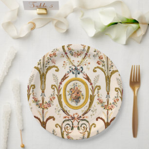 Assiettes En Carton Antique Rococo Floral Gold Crème Élégante