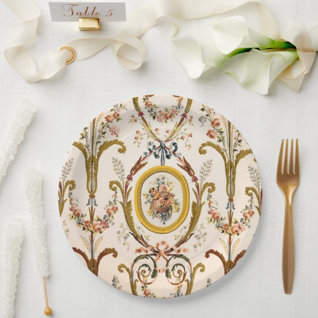 Assiettes En Carton Antique Rococo Floral Gold Crème Élégante (Mariage)