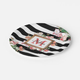 Assiettes En Carton Antique Vintage Floral & Stripes Monogramme
