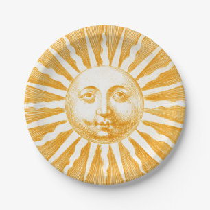 Assiettes En Carton Antique Vintage or Yellow Sun Face