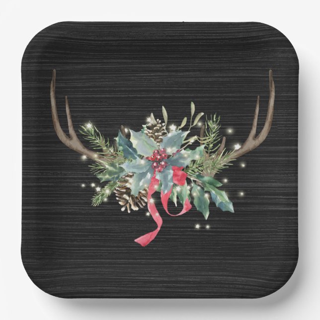Assiettes En Carton Antler de cerf de Noël avec lumières (Recto)
