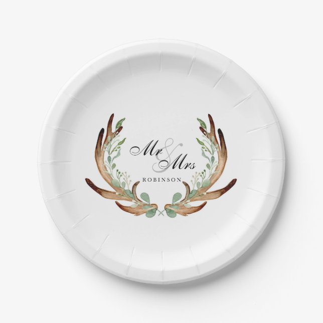 Assiettes En Carton Antlers rustiques et verdure | Aquarelle M & Mme (Devant)