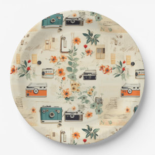 Assiettes En Carton Appareil photo vintage Radio Floral Sarcelle Orang