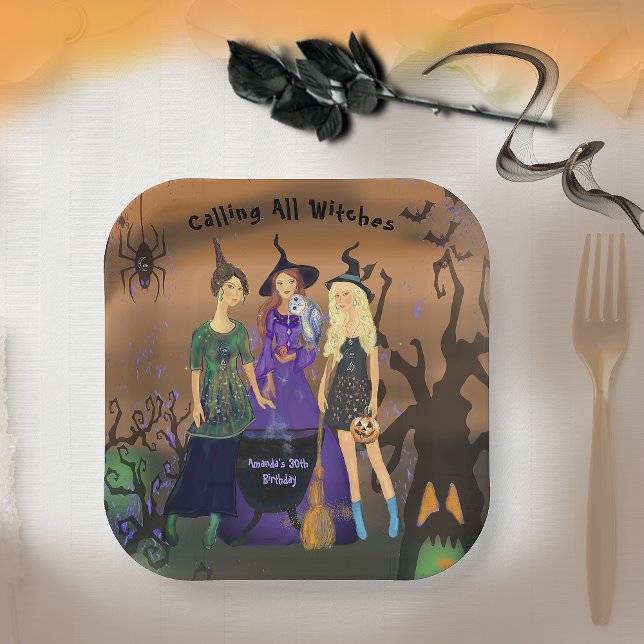 Assiettes En Carton Appel à toutes les sorcières Halloween Anniversair (Calling All Witches Halloween Birthday Invitation Paper Plates)