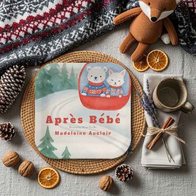 Assiettes En Carton Après Bébé ski woodland animals winter baby shower (Après Bébé ski woodland animals winter baby shower Paper Plates)