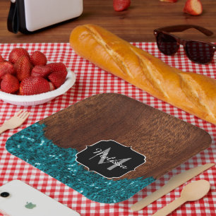 Assiettes En Carton Aqua bleu étincelle bois brun rustique Monogramme
