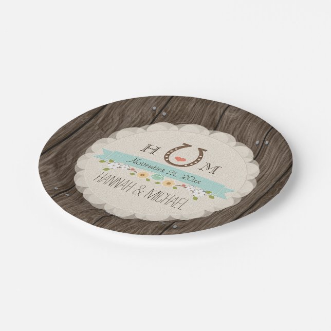 Assiettes En Carton Aqua Blue Monogrammed Horseshoe Mariage cardiaque (Angle)