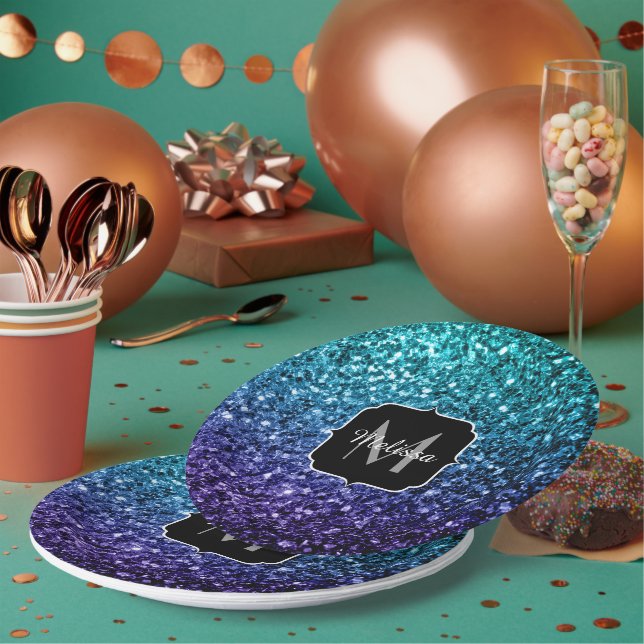Assiettes En Carton Aqua blue Ombre fausse parties scintillant scintil (Multi)