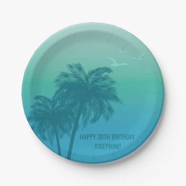 Assiettes En Carton Aqua Blue Palmiers Tropicaux Joyeux Anniversaire (Devant)