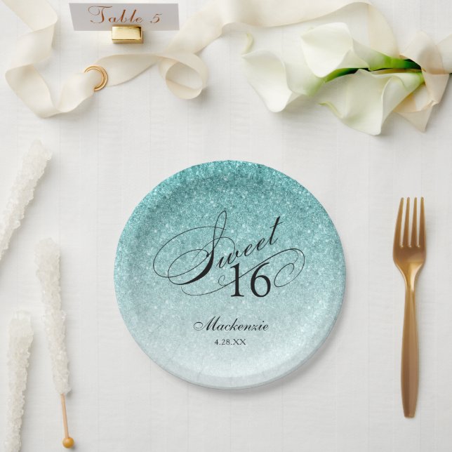 Assiettes En Carton Aqua Blue Parties scintillant Sweet 16 Personnalis (Mariage)