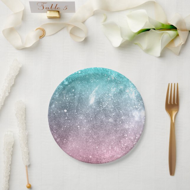 Assiettes En Carton Aqua blue Pink ombre mer galaxie abstraite (Mariage)