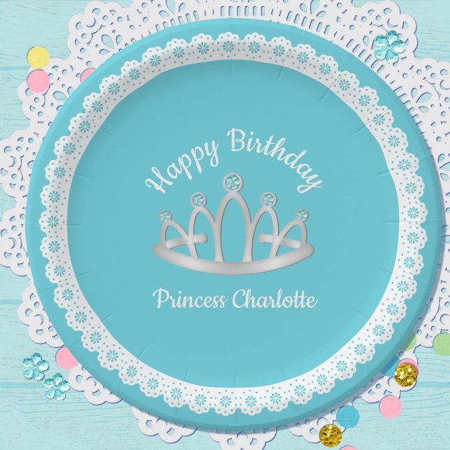 Assiettes En Carton Aqua Blue Princess Tiara Plaque papier d'anniversa (Créateur téléchargé)