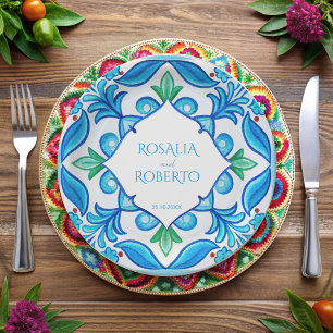 Assiettes En Carton Aqua Blue Talavera tuiles mariage monogrammé