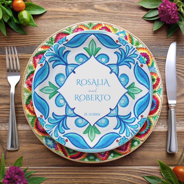 Assiettes En Carton Aqua Blue Talavera tuiles mariage monogrammé (Aqua Blue Talavera tiles monogrammed customized Paper Plates vintage Mexican wedding printed plates)