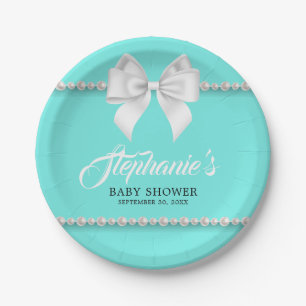 Assiettes En Carton Aqua Elegant Tiffany Pearls Bow Baby shower fantai