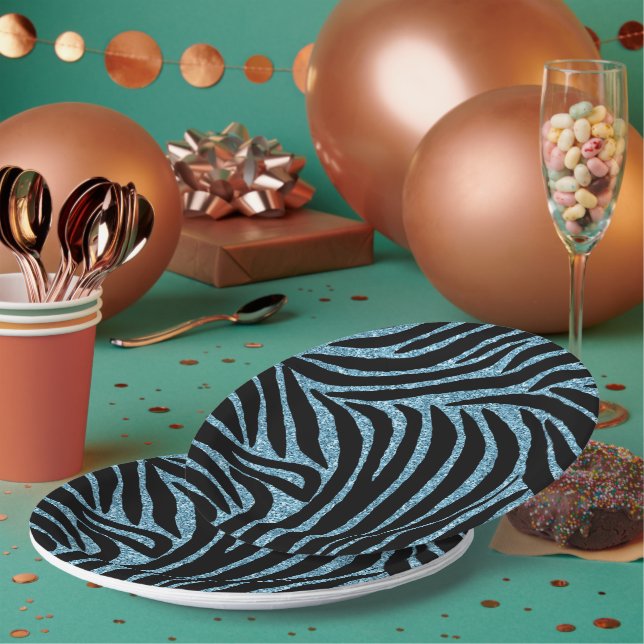Assiettes En Carton Aqua Faux Glitter Zebra Print (Multi)