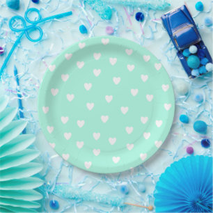 Assiettes En Carton Aqua Mint avec un Motif de Coeurs Blancs mignons