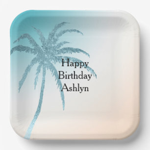 Assiettes En Carton Aqua Peach White Palm Tree Anniversaire