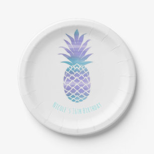 Assiettes En Carton Aqua Sarcelle & Violet Ananas Tropical Chic Soirée