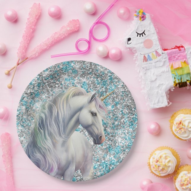 Assiettes En Carton Aqua Silver Unicorn Parties scintillant étincelle  (Fête)