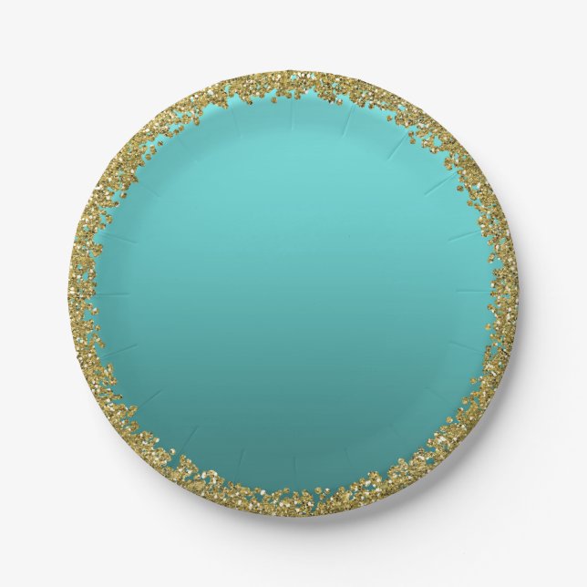 Assiettes En Carton Aqua Teal Doré Pailleté Glamour Paillettes Fête (Devant)
