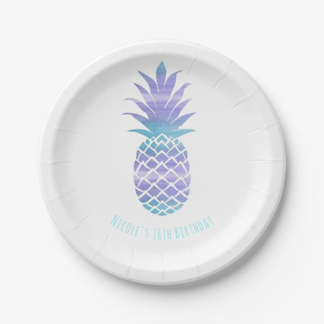 Assiettes En Carton Aqua Turquoise & Purple Ananas Tropical Chic Party (Devant)