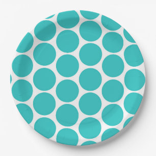 ASSIETTES EN CARTON AQUA VERT MODERNE, POIS BLANCS