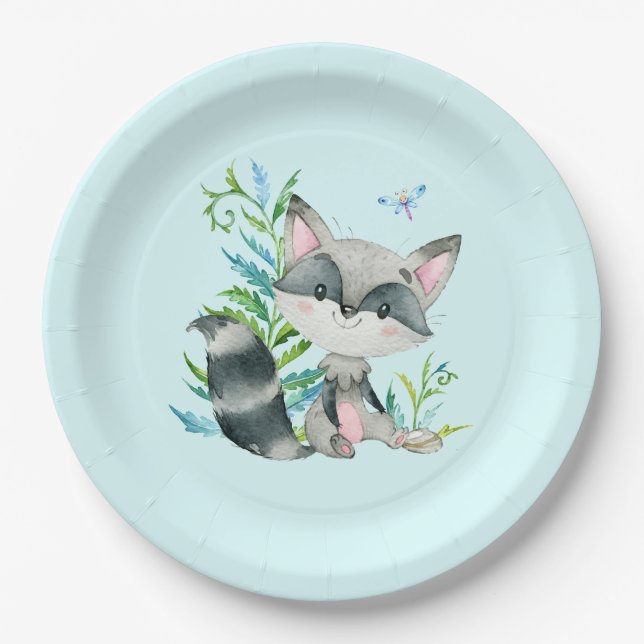 Assiettes En Carton Aqua Whimsical de Woodland Raccoon (Devant)