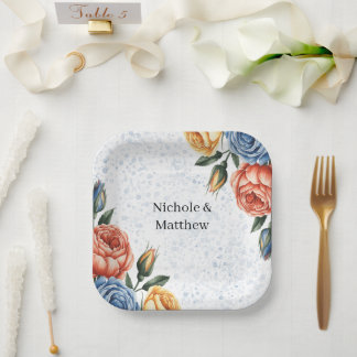 Assiettes En Carton Aquarelle à l'encre alcoolique Roses bleues orange